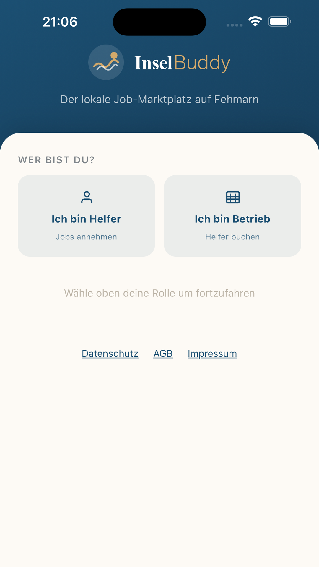 Insel Buddy App auf Fehmarn — Rollenauswahl: Ich bin Helfer oder Ich bin Betrieb